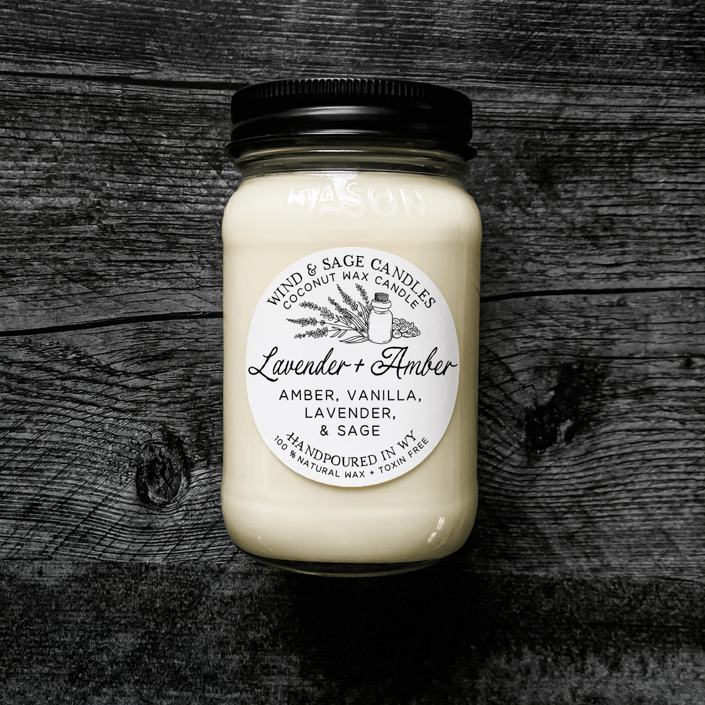 Lavender + Amber Mason Jar Candle, 100% Natural Wax