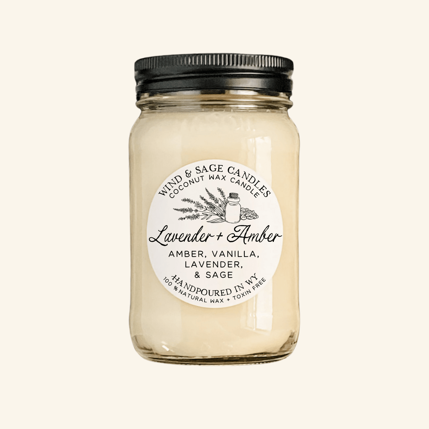 Lavender + Amber Mason Jar Candle, 100% Natural Wax