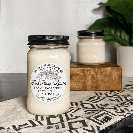 Pink Peony & Lemon Mason Jar Candle, 100% Natural Wax