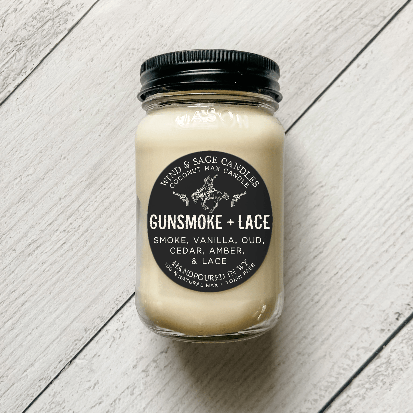 Gunsmoke & Lace Mason Jar Candle, 100% Natural Wax