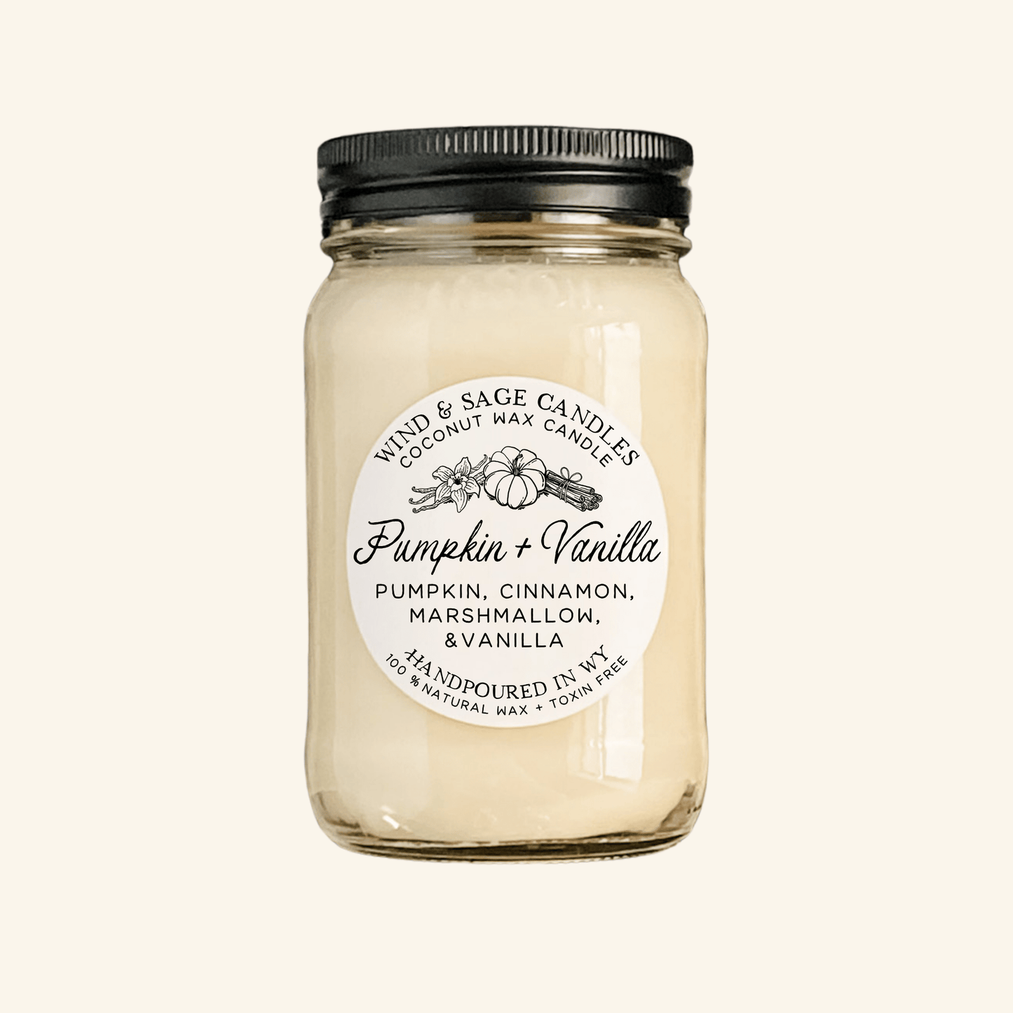 Pumpkin + Vanilla Mason Jar Candle, 100% Natural Wax