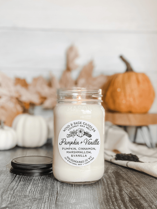 Pumpkin + Vanilla Mason Jar Candle, 100% Natural Wax